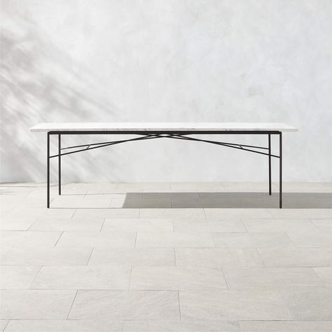 Pavilion Black Metal Outdoor Dining Table with Marble Top Large Model 6142 by Paul McCobb + Reviews | CB2 Metal Outdoor Dining Table, Dining Table With Marble Top, Concrete Outdoor Dining Table, Modern Outdoor Dining Table, Metal Outdoor Chairs, Patio Dining Furniture, Travertine Outdoor, Table With Marble Top, Modern Outdoor Dining