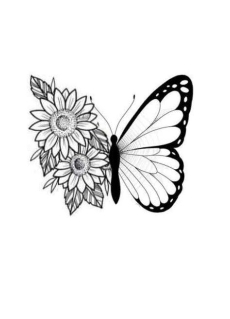 Butterfly Tattoo With Daisies, Boho Butterfly Painting, Sunflower Butterfly Drawing, Sunflower Butterfly Tattoo Design, Butterfly With Daisy Tattoo, Sunflower And Butterflies Tattoo, Butterfly Daisy Tattoo, Half Butterfly Half Sunflower Tattoo, Half Butterfly Half Sunflower