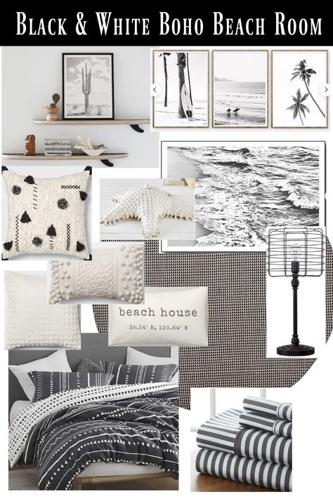 Decorating a beach house or just want a coastal themed bedroom? Check out these two different Boho Beach House Decor looks for your place! Coastal Black And White Bedroom, Black White Coastal Decor, Black White Beach House, Black And White Coastal Decor Interior Design, Beach House Black And White, Black Coastal Living Room, Beach House With Black Accents, Black And White Beach House Decor, Black Coastal Bedroom