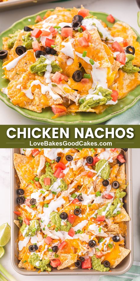 Chicken Nachos pin collage Easy Chicken Nachos Recipe, Tortilla Meals, Easy Chicken Nachos, Chicken Nachos Recipe, Nachos Recipe Easy, Fancy Appetizers, Crispy Chips, Chicken Dishes Easy, Stew Chicken Recipe