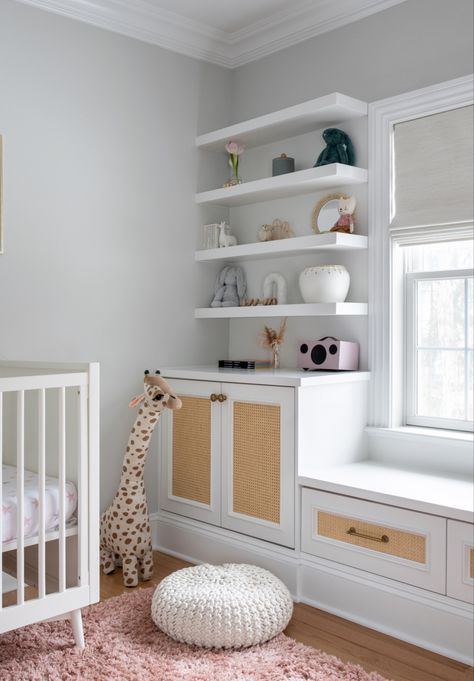 Small Nursery Built Ins, Nursery Built Ins, Dresser In The Closet, Small Baby Nursery, Baby Cupboard, Mom Office, Baby Room Shelves, Tiny Nursery, House Improvement