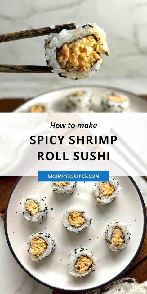 Spicy Shrimp Rolls are one of my favorite sushi rolls, and they are very simple to prepare at home. A bamboo mat is required for rolling the sushi, but other than that, the process is simple. You could also use a Ziplock bag for rolling, but it isn't as sturdy. Spicy Shrimp Roll, Shrimp Sushi Rolls, Spicy Mayo Sauce, Sukiyaki Recipe, Popeyes Fried Chicken, Ways To Cook Shrimp, Shrimp Roll, Shrimp Sushi, Sushi Roll Recipes