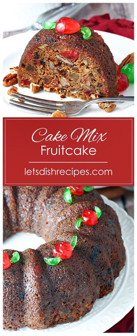 Shortcut Cake Mix Fruitcake Recipe -- A boxed spice cake mix is loaded with chopped nuts, dates, and candied fruit, then finished off with a sweet glaze, in this quick and easy holiday fruitcake recipe. #cake #fruitcake #desserts #christmas #recipes Easy Fruitcake Cookies Cake Mixes, Fruit Cake With Real Fruit, Fruitcake Bundt Cake, Cake Mix And Fruit Pie Filling, Cake Mix Fruit Cake Recipe, Homemade Fruit Cake Recipe, Fruitcake 7 Layer Bars, Betty Crocker Fruit Cake Recipe, Cake Mix Christmas Desserts