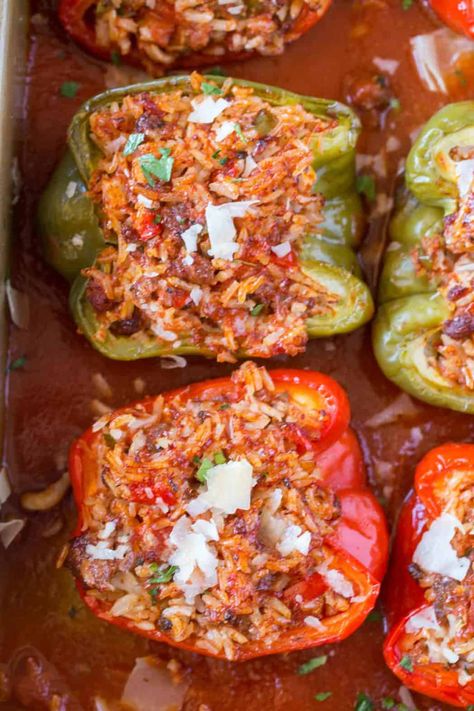 Stuffed Peppers with beef, rice, tomato sauce, onions and garlic with Italian Seasoning and Parmesan Cheese. | #stuffedpeppers #italian #mealprep #dinner #groundbeef #dinnerthendessert Best Stuffed Pepper Recipe, Italian Stuffed Peppers, Vegan Stuffed Peppers, Beef Rice, Beef And Rice, Peppers Recipes, Beef Dishes, Parmesan Cheese, Italian Seasoning