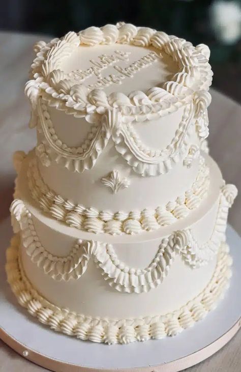 white-tiered-vintage-cake-whipped-bakeshop Wedding Cake On Dresser Vintage, Wedding Cake Frills, Lambeth Style Wedding Cakes, Vintage Cake 3 Tier, Wedding Cake Tiers Sizes, Small Wedding Cakes Vintage, Classic Tiered Wedding Cake, Frilly Wedding Cake, Vintage 2 Tier Cake