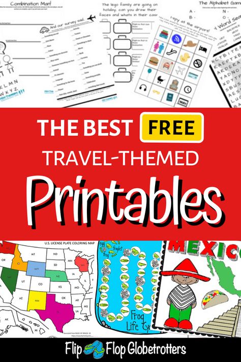 From road trip bingo to free printable travel journal pages and from travel story cards and printable country packs to pretend-play passports for kids. There are so many free worksheets, car games and other travel-related resources out there, why reinvent the wheel? This is a great list with a selection of the best travel-themed printables for kids out there.  #free #freeprintable #travelwithkids #printable #travel #cartravel #roadtrips #cargames #worksheets #flipflopglobetrotters Free Printable Road Trip Activities, Road Trip Printables For Kids Free, Passport Template Free Printables, Free Road Trip Printables, Free Travel Printables, Printable Travel Games, Printable Travel Journal, Printable Road Trip Games, Kids Travel Games