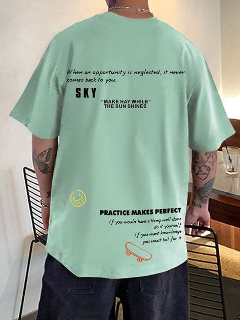 Mint Green Casual Collar Short Sleeve Fabric Slogan Embellished Slight Stretch Men Clothing Tshirt Outfit Men, Next Brand, Drop Shoulder Tee, Tshirt Men, Mint Color, Tshirt Outfits, Men Clothing, Mens Tees, Drop Shoulder