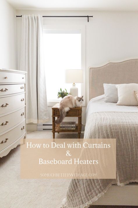 Neutral Bathroom Curtain, How To Make Baseboard Heaters Look Better, Curtains And Baseboard Heaters, Cabinet Over Baseboard Heater, Hanging Curtains With Baseboard Heaters, Curtains Over Baseboard Heaters, Curtains Small Bedroom, Wood Trim House, Dining Cabinets