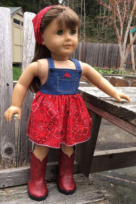 Overall Dress Sewing Pattern, Doll Dress Sewing Pattern, Doll Dress Sewing, American Girl Outfits, Historical Outfits, Bandana Dress, Doll Clothes Patterns Free, American Girl Crafts, Pattern Doll