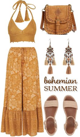 Boho Outfits 70s, Yellow Boho Outfit, Spring Bohemian Outfits, Colorful Bohemian Outfits, Neutral Boho Outfits, Boho Date Outfit, Shoplook Summer, Boho Outfits Women, Bohemian Outfits Women