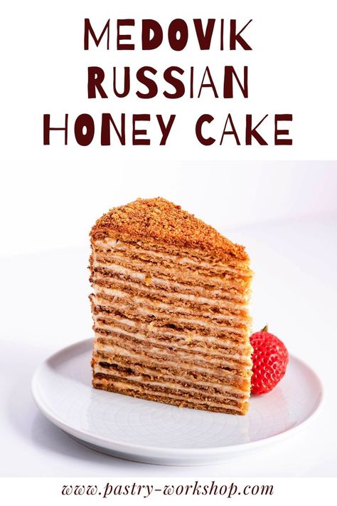 Medovik is a well known Russian cake with honey biscuit layers and sour cream, with a touch of orange and cardamom in this particular version Ukrainian Kiev Cake, Esterhazy Torte, Pastry Workshop, Chesse Cake, Russian Cake, Tastemade Videos, Russian Honey Cake, Honey Cake Recipe, Russian Dishes