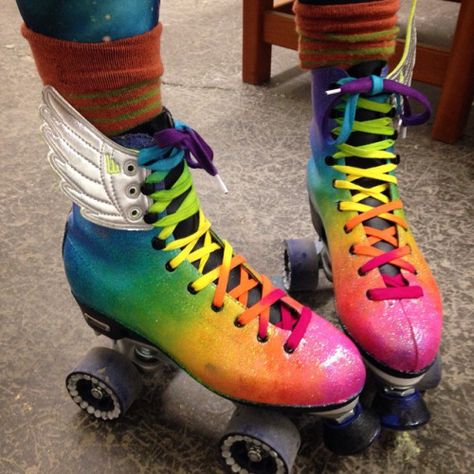 NOW they are complete! #swatchbucklers #lisafrank #glitter #neon #rainbow #skates #rollerskates #shwings #ac&d #ac+d #artschool Roller Skate Shoes, Roller Girl, Burton Snowboards, Neon Rainbow, Skater Girls, Skateboard Art, Kitesurfing, Roller Derby, Roller Skate