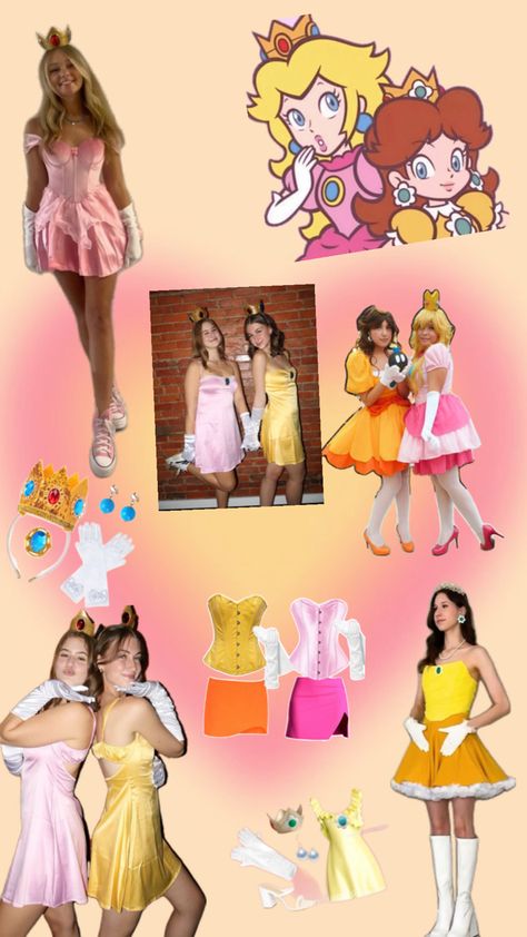 Daisy Halloween Costume Mario, Peach And Daisy Halloween Costume, Mario Princesses Costume, Princess Peach And Daisy Halloween, Daisy Mario Costume, Princess Peach And Daisy Costume, Daisy Halloween Costume, Daisy And Peach, Rosalina Costume