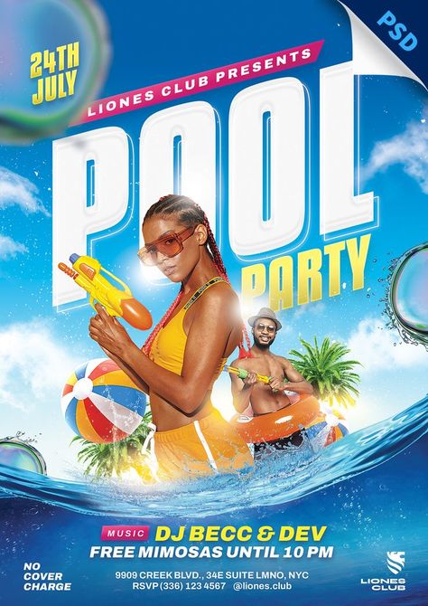 Photoshop file available to download on Envato Market Pool Party Poster Design, Pool Party Club, Pool Party Images, Pool Party Poster, Party Poster Design, Pool Parties Flyer, Pool Party Summer, Flyer And Poster Design, Summer Pool Party