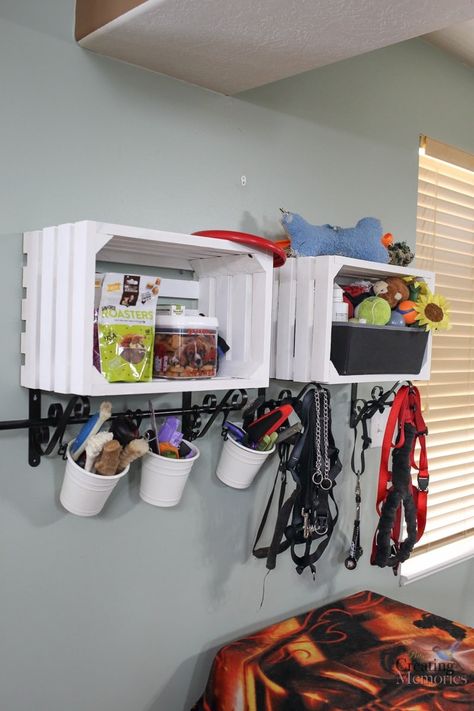 Easy DIY Crate Shelves for Organizing Pet Supplies Completed in 1 day! Pet Closet Organization, Dog Organization Station Small Spaces, Dog Storage Ideas Organizations, Organize Dog Stuff, Dog Organization Station, Pet Supply Storage, Dog Diy Projects, Dog Supplies Storage, Dog Supplies Organization