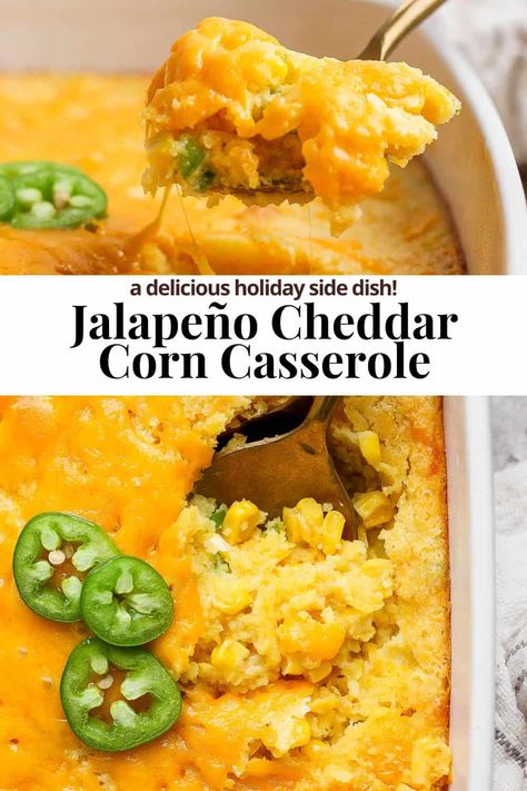 Corn Casserole - Our easy Corn Casserole recipe is the perfect side dish for any special occasion, Thanksgiving dinner, or family gathering! #corncasserole #corncasserolejiffy #corncasserolerecipe #corncasserolejiffyeasy #corncasseroleeasy Corn Casserole With Bell Pepper, Corn Casserole Jiffy Jalapeno, Corn Jalapeno Casserole, Corn Dish Thanksgiving, Savory Corn Casserole, Christmas Corn Recipes, Corn Casserole With Green Chilis, Corn Casserole With Jalapenos, Jalapeno Casserole Recipe