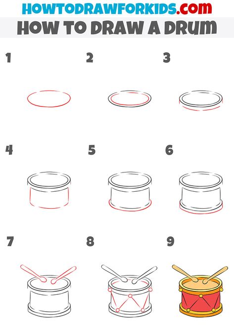 how to draw a drum step by stepp Drum Drawing Easy, Drum Doodle, How To Draw Drums, Drums Drawing, Drum Drawing, Drums For Kids, Drums Art, Physical Activities For Kids, Drawing Tutorials For Kids