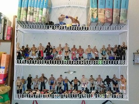 How to display WWE ACTION figures and Monster Trucks............ for a little boy..... with much love .... Wrestling Bed, Wwe Bedroom, Wrestling Room, Thomas Bedroom, Toys Organization, Sons Room, Wwe Toys, Wwe Action Figures, Boys Playroom