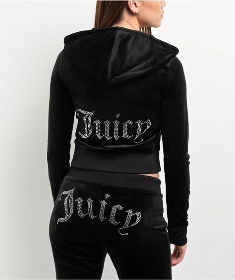 Spice up your outfit with a renowned Y2K look, Juicy Couture welcomes the Bling zip hoodie in a sleek black "Licorice" colorway. Featuring a soft velour exterior, this sweatshirt has shiny Rhinestone branding on the lower back adorned with a gothic-inspired "J" zipper pull tab. Utilizing a polyester blend fabric, this hoodie is finished with dual slash hand pockets, thumbholes in the sleeve cuffs, and an adjustable drawstring hood, tying together the classic look. Bedazzled Hoodie, Coquette Closet, Juicy Tracksuit, Autumn Jacket Women, Velvet Tracksuit, Rad Clothes, Printed Pants Style, Future Girlfriend, Sports Pants Women