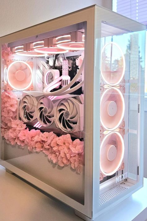 White PC with pink flower accents. Cute PC for gamer girls with white+pink scheme Link below for the case ( NZXT H7 Elite ATX Mid Tower $199.99) Pink Pc Build, Pink Pc, Pc Decoration, Nixie Tube Clock, Build A Pc, Gaming Desk Setup, Girl Gamer, Setup Gamer, Gamer Setup