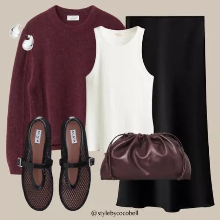 Stylebycocobell on LTK Styling Midi Skirts, Knitted Skirt Outfit, Casual Friday Outfits, Skirt With Sweater Outfit, Burgundy Skirt Outfit, Burgundy Sweater Outfit, 2025 Wardrobe, Knit Sweater Outfit, Burgundy Skirt