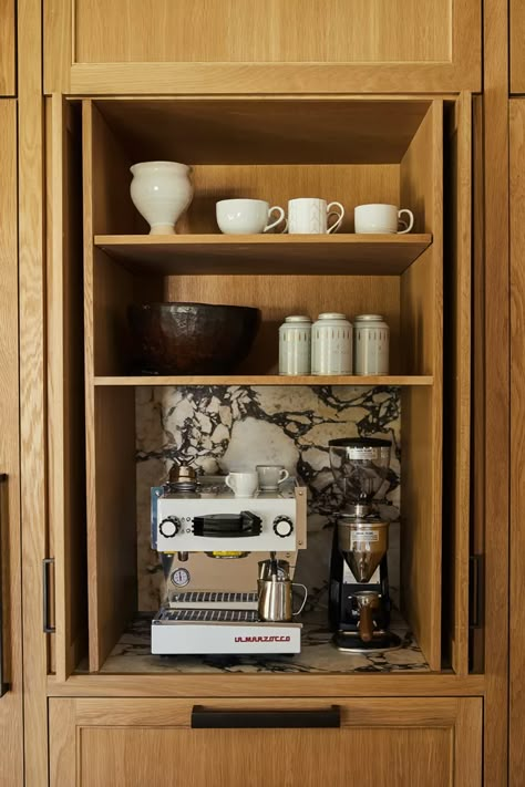 7 perfect coffee niches showing why they're a design trend | Livingetc Coffee Niche, Coffee Cupboard, Coffee Corner Ideas, Hide Appliances, Dark Wood Kitchen Cabinets, Coffee Cabinet, Disc Interiors, Home Espresso Machine, Coin Café