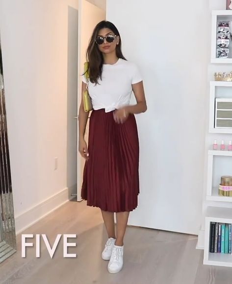 Maroon Pleated Skirt Outfit, Maroon Pleated Skirt, Pleated Skirt Outfit, Skirt Outfit, Skirt Outfits, Pleated Skirt, Waist Skirt, High Waisted Skirt, Midi Skirt