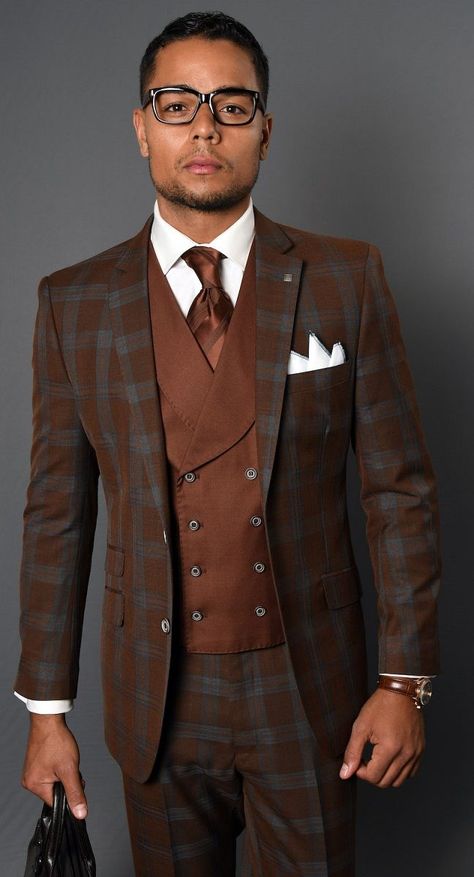 3 Piece Suit Men Classy, Modern Fit Suit, Dapper Suits, Men's Business Outfits, Double Breasted Vest, Dress Suits For Men, Copper Brown, Brown Suits, Plaid Suit