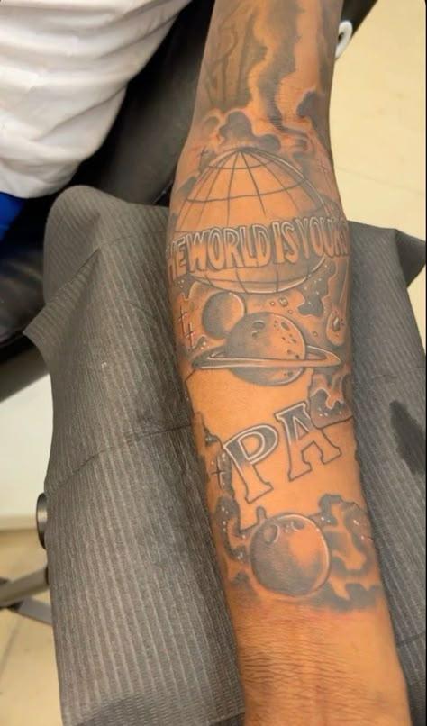 Hood Tattoos, The World Is Yours Tattoo, Legs Tattoos, Arm Tattoos Black, Tattoo Sleeve Ideas, Tattoos Forearm, Black Men Tattoos, Half Sleeve Tattoos Forearm, Tattoos Black