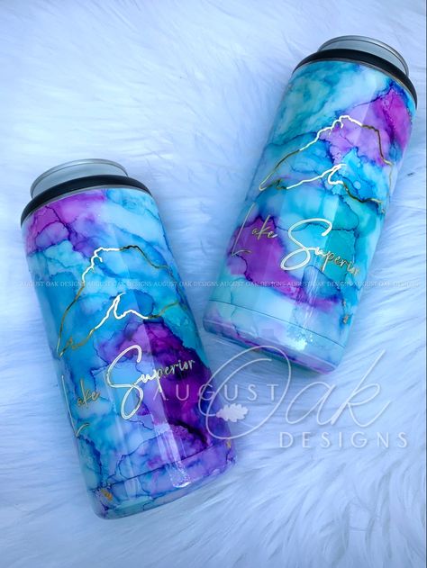 Koozie Tumbler Ideas, Epoxy Koozie Ideas, Can Cooler Tumbler Ideas, Purple Tumbler Ideas, Purple Tumbler, Alcohol Ink Tumbler, Pink And Blue Tumbler Ideas, Watercolor Tumbler, Marbel Epoxy Tumbler