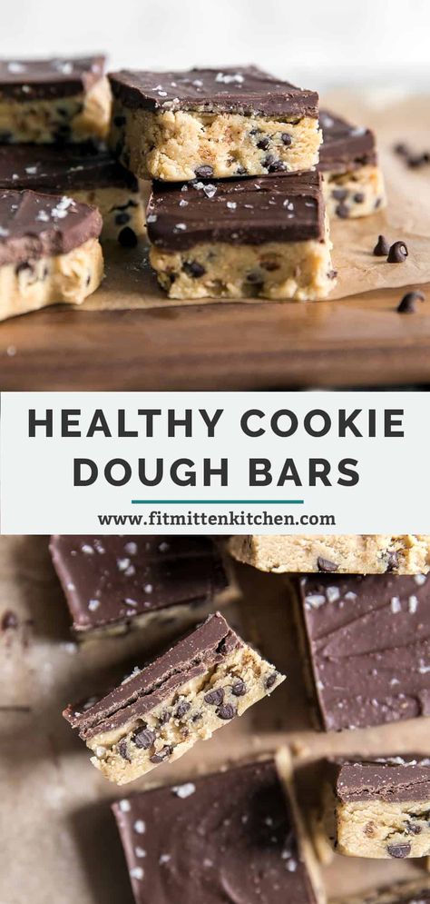 Edible cookie dough recipe in bar form! These Easy No Bake Chocolate Chip Cookie Dough Bars are the best healthy treat! Made with just 6 main ingredients, vegan friendly, gluten free and paleo. Ready in less than 30 minutes, anyone can make these! Healthy No Bake Cookie Dough, No Bake Cookie Dough Bars, Healthy No Bake Cookies, Chia Recipes, No Bake Cookie, No Bake Cookie Dough, Healthy Cookie Dough, Cookie Dough Bars, Healthy Cookie