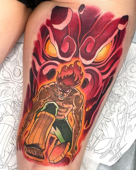 Might Guy Tattoo Naruto, Might Guy 8 Gates Tattoo, Might Guy Tattoo, Might Guy 8 Gates, Tato Naruto, Wolverine Tattoo, Anime Sleeve, Guy Sensei, Wolf Headdress