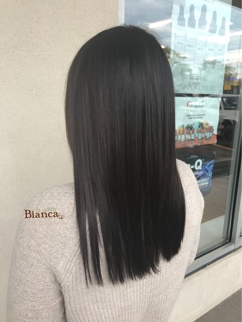 Medium Black Hair Straight, Medium Length Haircut Black Hair, Dark Brunette With Dimension, Black Hair Haircut, Black Medium Hair, Express Blowout, Dark Hair With Dimension, Hair With Dimension, Straight Dark Hair