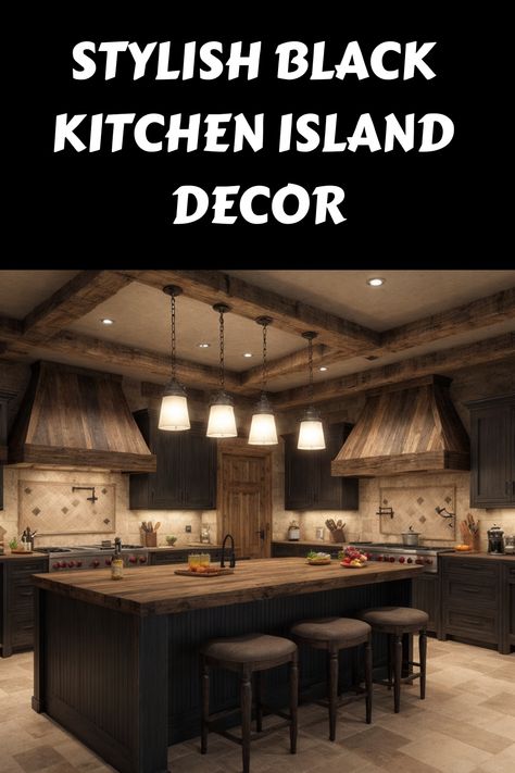 Stylish black kitchen island with wooden accents and three hanging lights. Black Kitchen Island With Butcher Block, Kitchen With Black Island, Black Beadboard, Distressed Kitchen, Kitchen Games, Wood Island, Black Kitchen Island, Countertop Options, Brown Cabinets