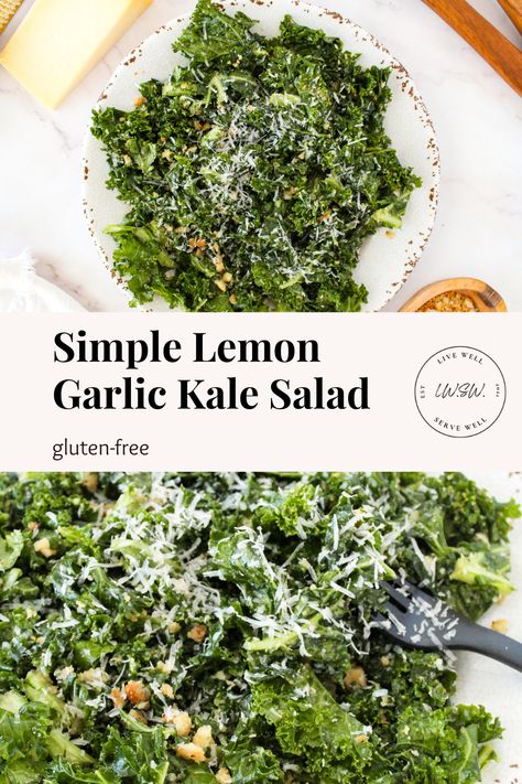 Fresh, easy and flavorful, this simple Lemon Garlic Kale Salad is a must to try. Packed with garlicky lemon flavor and a little bit of crunch, it’s sure to be a crowd pleaser at any gathering or a quick lunch option. Roasted Garlic Dressing, Recipes Kale, Garlicky Kale, Garlic Kale, Herb Dressing, Kale Caesar, Garlic Dressing, Roasted Garlic Cloves, Kale Caesar Salad