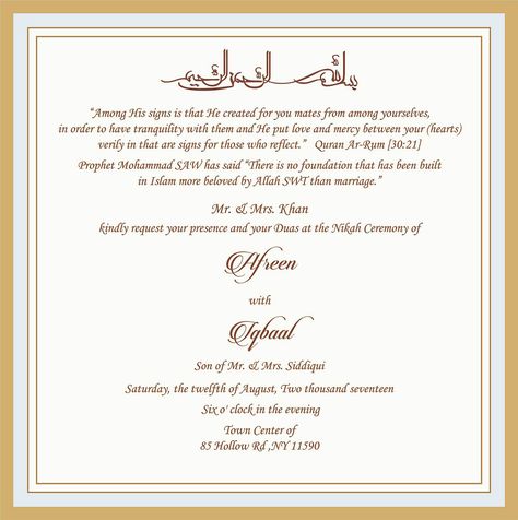 Wedding Invitation Wording For Muslim Wedding Ceremony Muslim Wedding Cards Wordings, Muslim Wedding Invitations Wording, Catholic Wedding Invitation Wording, Nikah Card, Islamic Wedding Card, Wedding Invitation Card Wording, Modern Wedding Invitation Wording, Muslim Wedding Ceremony, Wedding Card Format