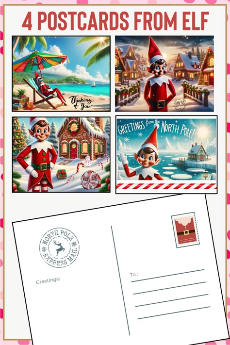 Bring the enchantment of the North Pole to your home with our free printable "Postcards from the Elf." Delight your family with charming greetings from your Elf on the Shelf and spread holiday cheer! Elf On The Shelf Post Card, North Pole Printables Free, Elf On The Shelf Postcard, Printable Elf On The Shelf Props, Elf Free Printables, Free Christmas Card Printables, Free Printable Postcards, Elf Postcard, Elf Printables Free