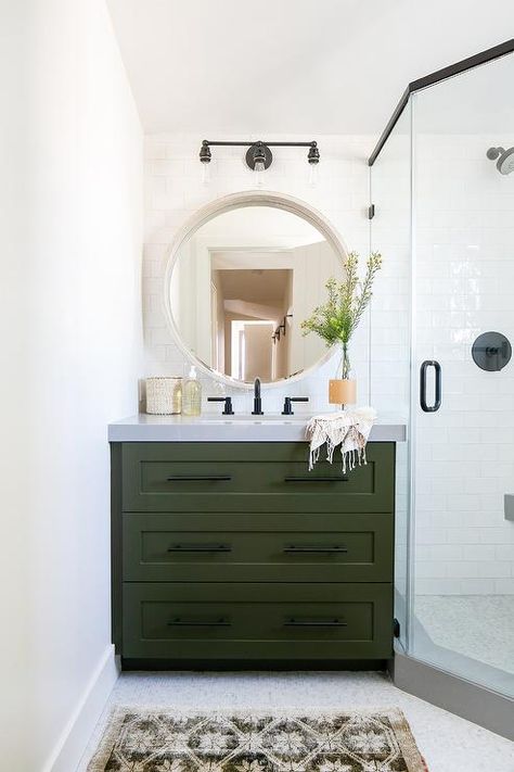 Hunter Green Washstand with Round Cream Mirror - Cottage - Bathroom Green Vanity Bathroom, Green Bathroom Vanity, Green Vanity, Bathroom Vanity Designs, Cottage Bathroom, Vanity Design, Vanity Bathroom, Boys Bathroom, Green Cabinets