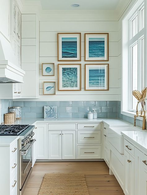 u1942658271_A_coastal_kitchen_with_a_gallery_wall_featuring_o_a12f03b3-4780-45cd-ae3f-1936dc62a35d_0 Coastal Apartment Kitchen, Small Coastal Kitchens, White Cabinets With Blue Backsplash, Classic Coastal Kitchen, Costal Kitchen Decor, Coastal Kitchen Blue, Beach House Kitchen Ideas, Beach House Backsplash, Condo Layout