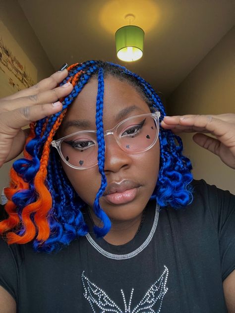 Orange And Blue Braids, Red And Purple Braids, Half And Half Hair Color Box Braids, Teal Box Braids, Pride Braids, Orange And Blue Hair, Blue And Orange Hair, Plait Styles, Hair Braid Patterns