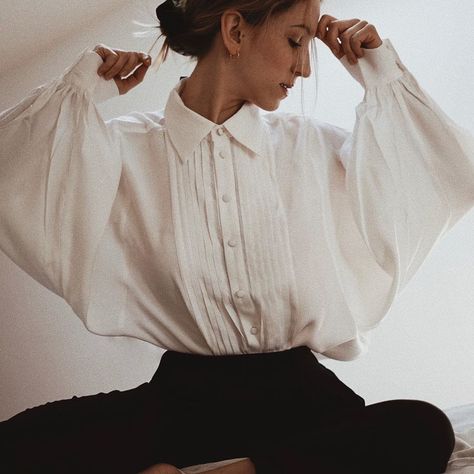 Fancy White Button Up Shirt, Long White Shirt Outfit, Outif Ideas, Flowy White Shirt, Chinese Collar Shirt, Frilly Shirt, White Shirt And Blue Jeans, Long White Shirt, Hustle Shirt