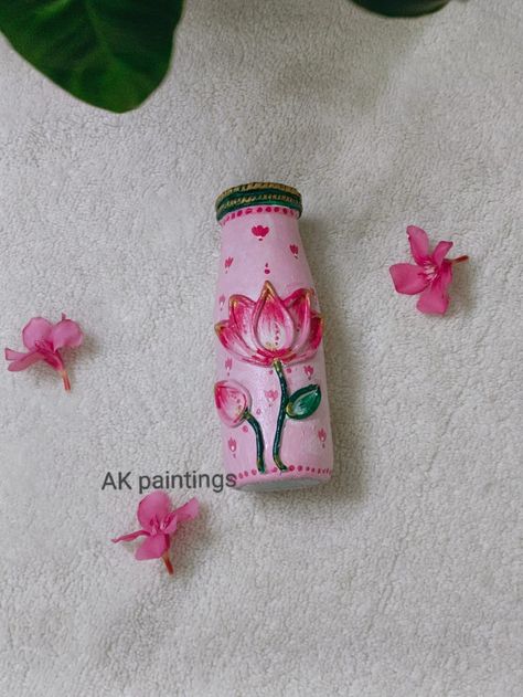 Lotus design bottle painting for holding flowers and plants indoor Aesthetic Lotus, Painting Lotus, Painting Aesthetic, Lotus Design, Plants Indoor, Holding Flowers, Bottle Painting, Bottle Art, Bottle Crafts