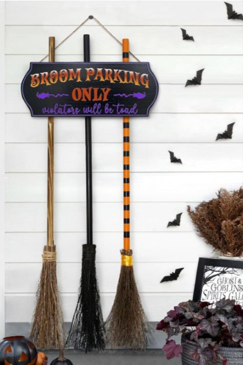 Broom Parking Sign, Hocus Pocus Decorations, Witches Brooms, Broom Parking, Outside Halloween Decorations, Halloween Brooms, Porch Wall Decor, Halloween String Lights, Halloween Front Porch Decor