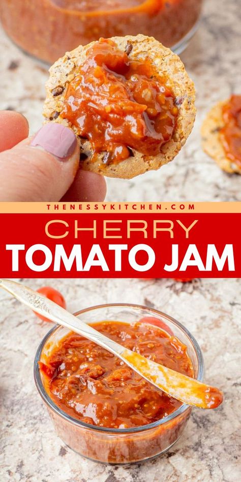 Give this fresh summer recipe a try! It's a DIY condiment using summer tomatoes. Thick, sweet, and wonderfully spreadable, this cherry tomato jam without pectin is just perfect. Check out what to serve with this homemade jam! Cherry Tomato Jam Recipe, Cherry Tomato Jam, Tomato Jelly, Jam Without Pectin, Roasted Beet Hummus, Tomato Jam Recipe, Oatmeal Crisp, Cherry Tomato Recipes, Cherry Tomato Pasta