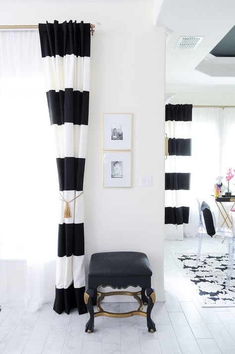 Black And White Striped Curtains, Bright White Living Room, Stripe Curtains Living Room, Gold Curtain Rod, White Curtains Living Room, Colorful Eclectic, Black And White Living Room, Gold Living Room, Striped Curtains