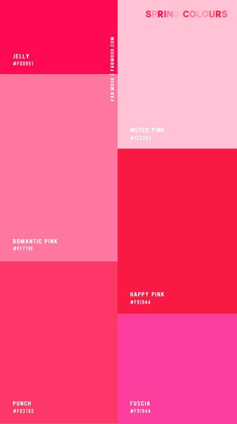 4 Best Spring Colour Palettes ― Spring Colours 1 - Fab Mood | Wedding Colours, Wedding Themes, Wedding colour palettes Hot Pink And Red Color Palette, Girly Color Pallete, Sassy Color Palette, Bold Pink Color Palette, Pink Monochrome Color Palette, Color Wheel Palette, Bright Pink And Orange Color Palette, Bright Pink Palette, Soft Pink Branding