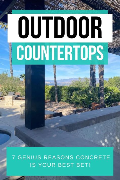 We're sharing the 7 reasons concrete is the best choice for your outdoor kitchen counters! We even DIY'd our entire bartop for $75! See how! Concrete Bar Top Outdoor, Outdoor Bartop Ideas, Diy Outdoor Bar Top, Diy Outdoor Countertop Ideas, Outdoor Island Counter, Outdoor Bar Countertop Ideas, Outdoor Bar Top Ideas, Outdoor Bartop, Outdoor Countertop Ideas