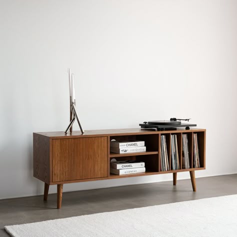 Vinyl Setup, Turntable Setup, Turntable Furniture, Records Storage, Record Player Table, Gray Living Room Design, Milan Apartment, Retro Record Player, Mid Century Modern Tv Stand