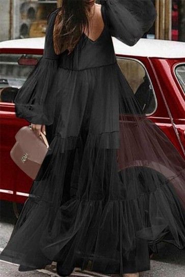 V-neck Bubble Sleeve Mesh #Dress Gauze Maxi Dress, Sun Dresses, Looks Party, Dress Sleeve Styles, Long Sleeve Dresses, Vintage Material, High Waist Fashion, Winter 2022, Sleeve Dresses