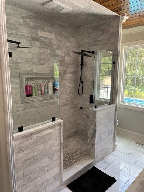 Walk In Shower With Corner Seat, Shower With Half Wall No Door, 3x6 Shower Ideas, Stand Up Shower With Half Wall, Primary Bathroom Shower Ideas, Large Walk In Shower Ideas, Shower Remodel With Window, 2 Person Shower Master Bath, Two Shower Heads Master Bathrooms